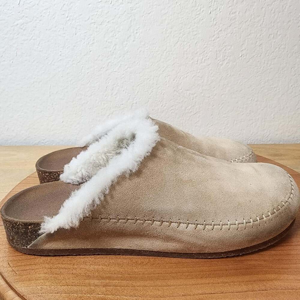 Jenni Kayne Slippers Women Sz 10 EU 41 Beige Suede Shearling Cork Footbed Italy
